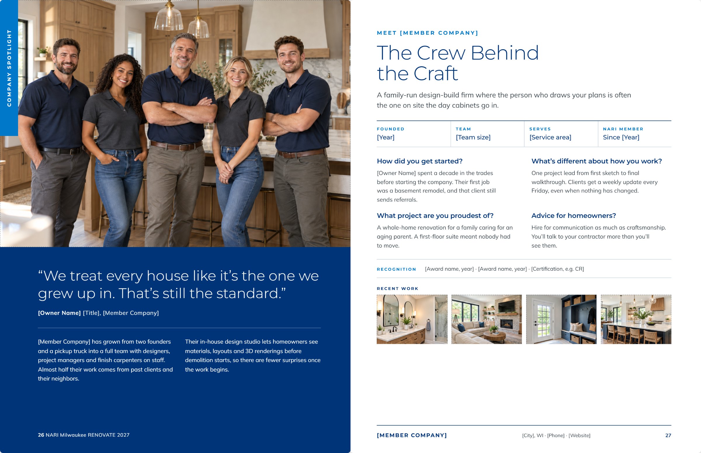 Sample Company Spotlight two-page spread with full-bleed team portrait, owner Q&A and recent work