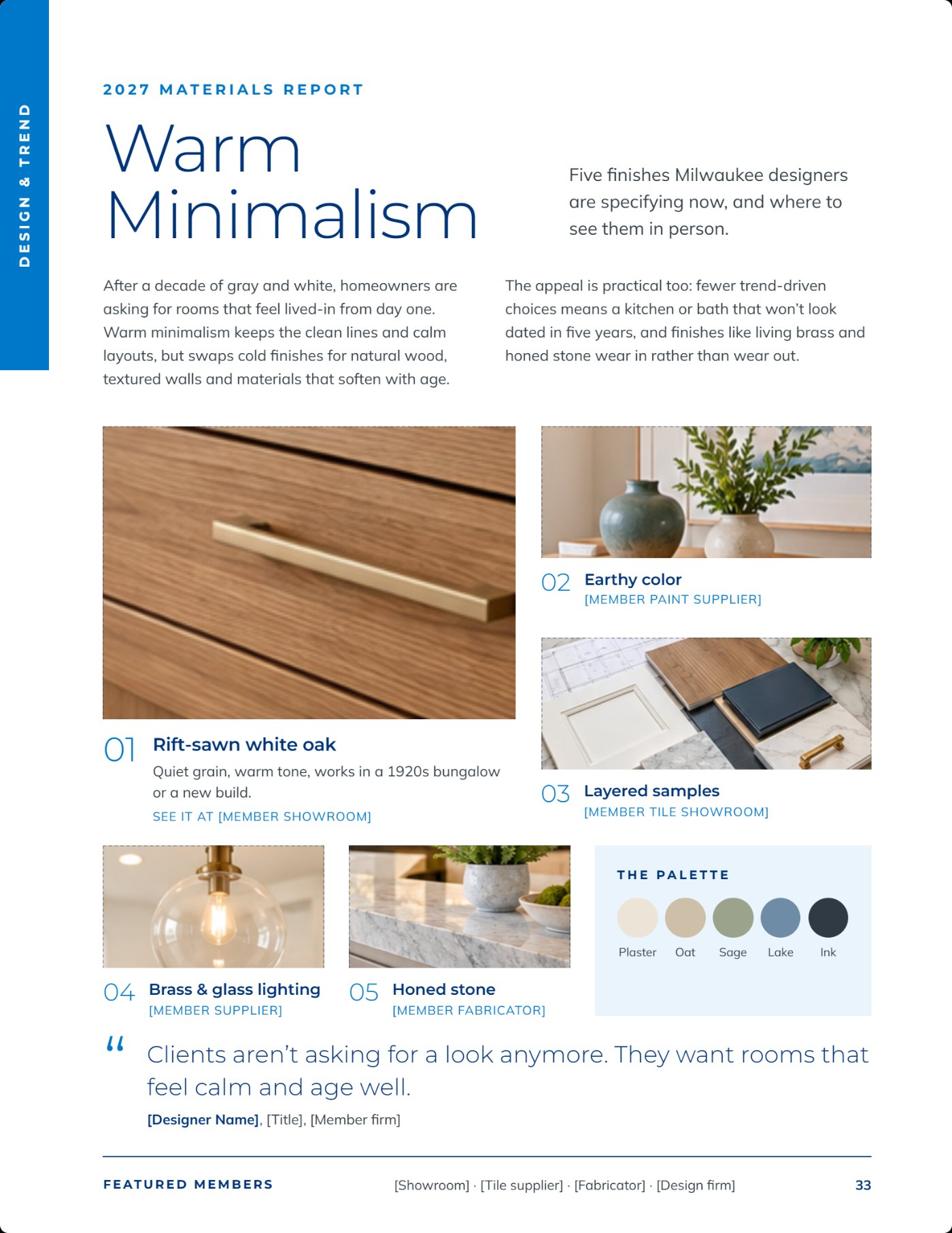 Sample Design and Trend page featuring materials with member sourcing credits