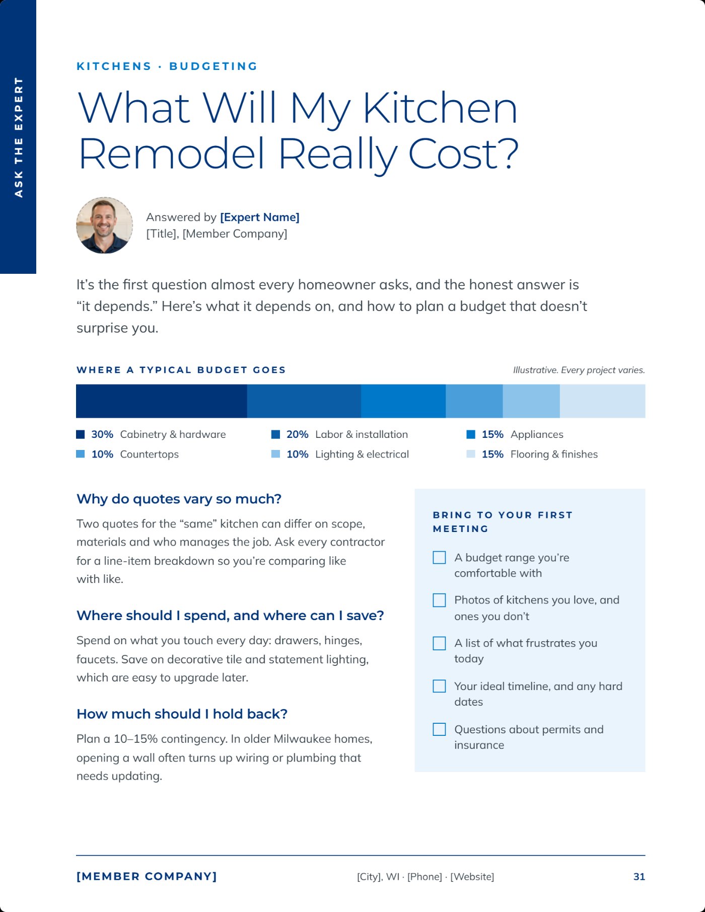 Sample Expert page answering a homeowner question with budget breakdown and checklist