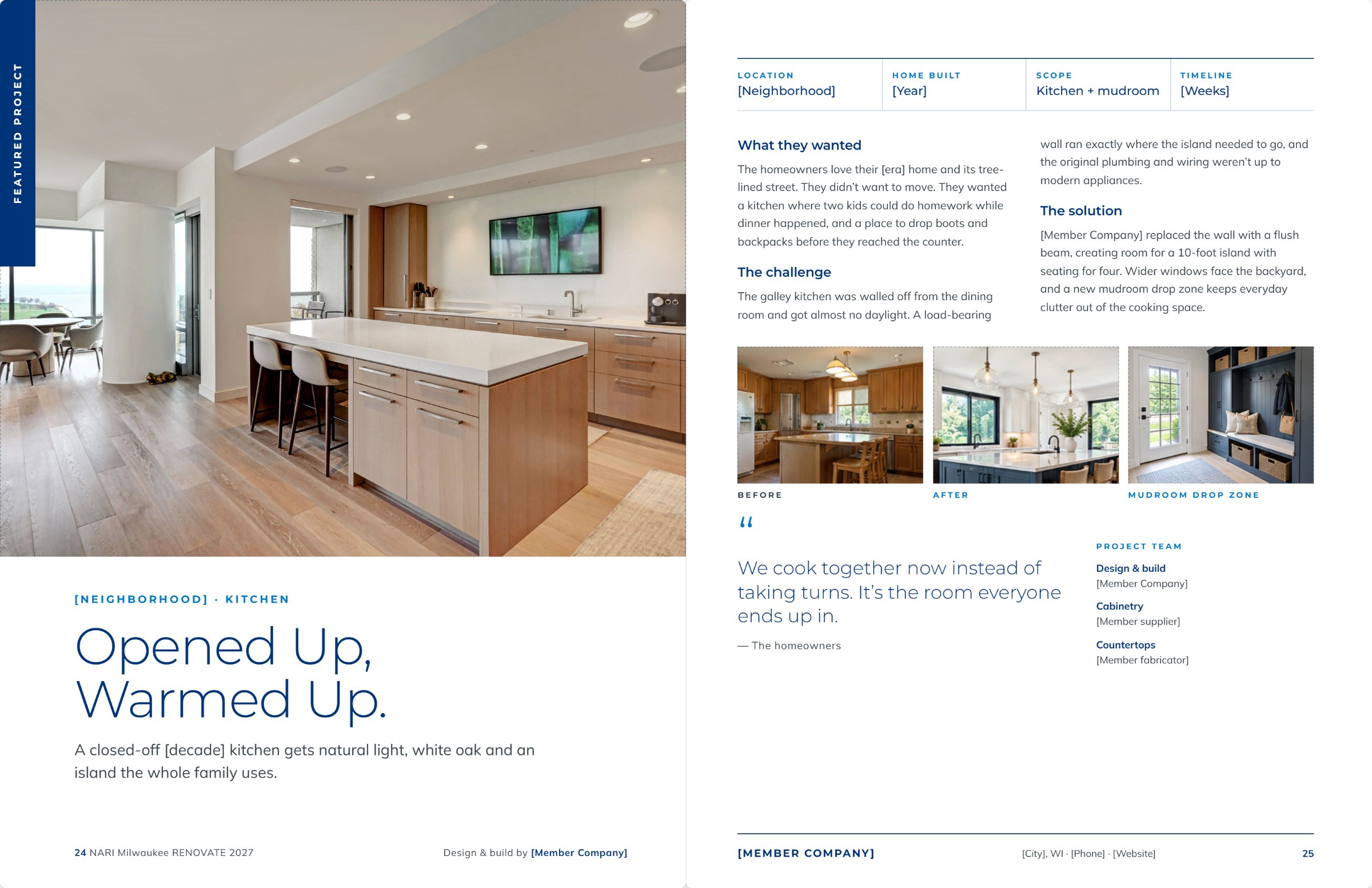 Sample Featured Project two-page spread with hero kitchen photo, project story, before and after photos and homeowner quote